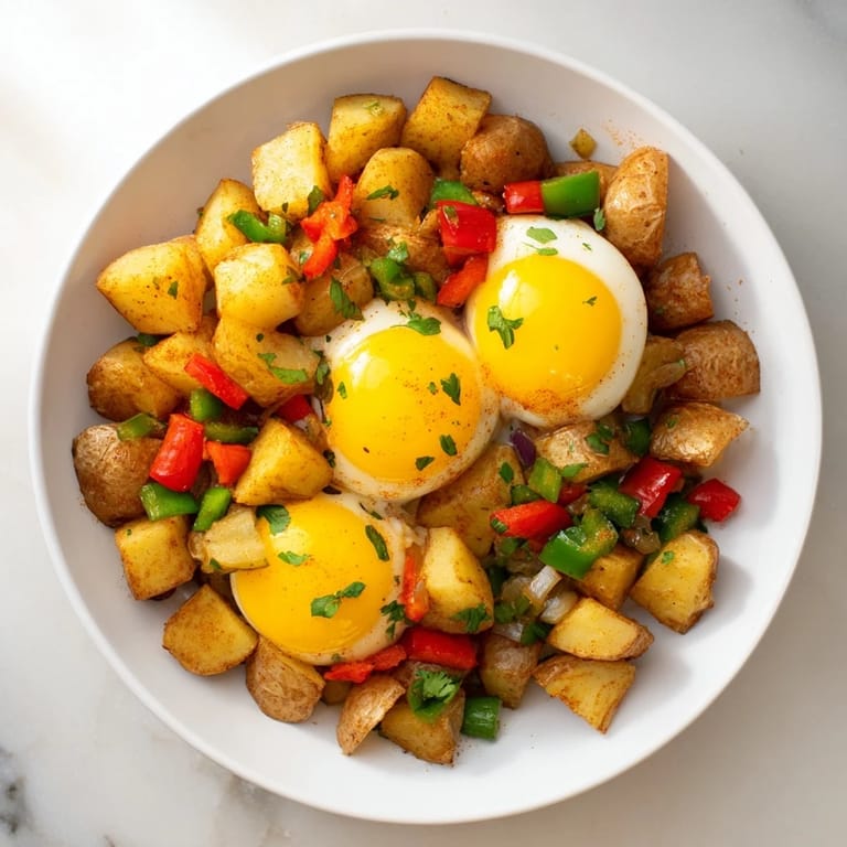 Sizzling in a skillet, this Simple Skillet Egg and Potato Hash shows fluffy eggs with vibrant peppers.