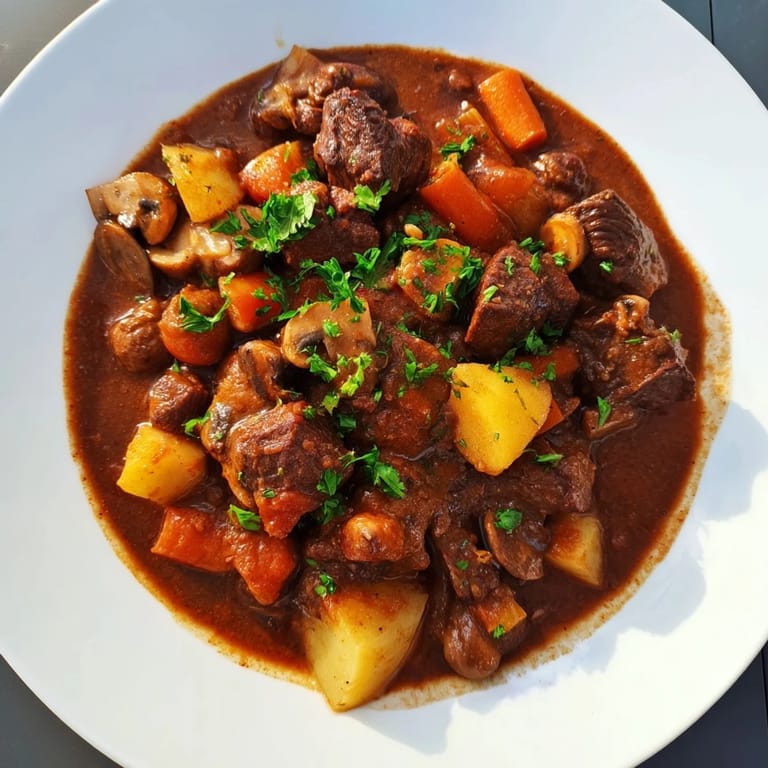 A close-up of hearty earthy beef stew with chunks of beef and bread for dipping.
