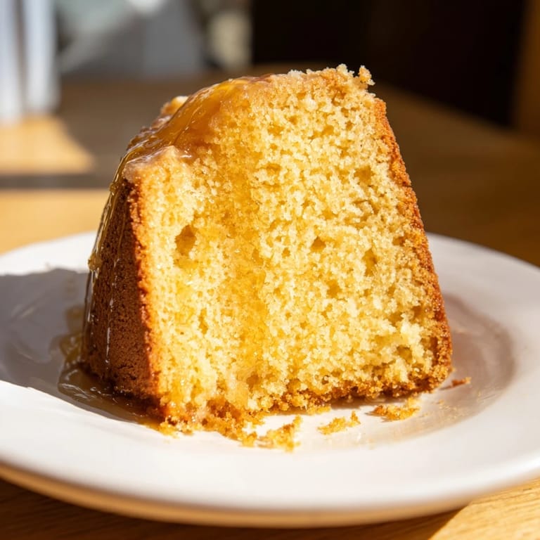 A slice of soft glow golden honey pound cake, glistening with honey glaze, ready to serve.
