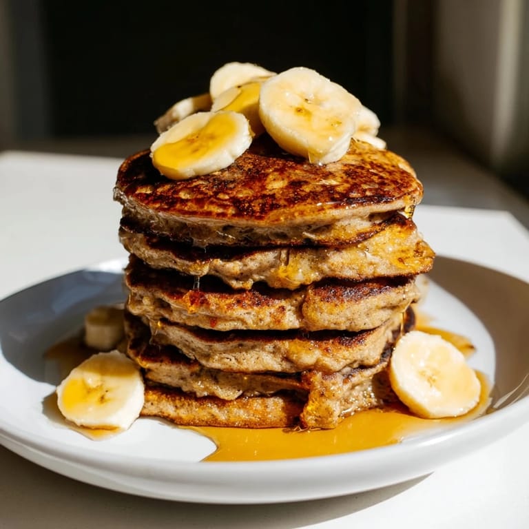 Stack of golden Weeknd Golden-Brunch Banana Pancakes with sliced bananas, ready to be enjoyed.