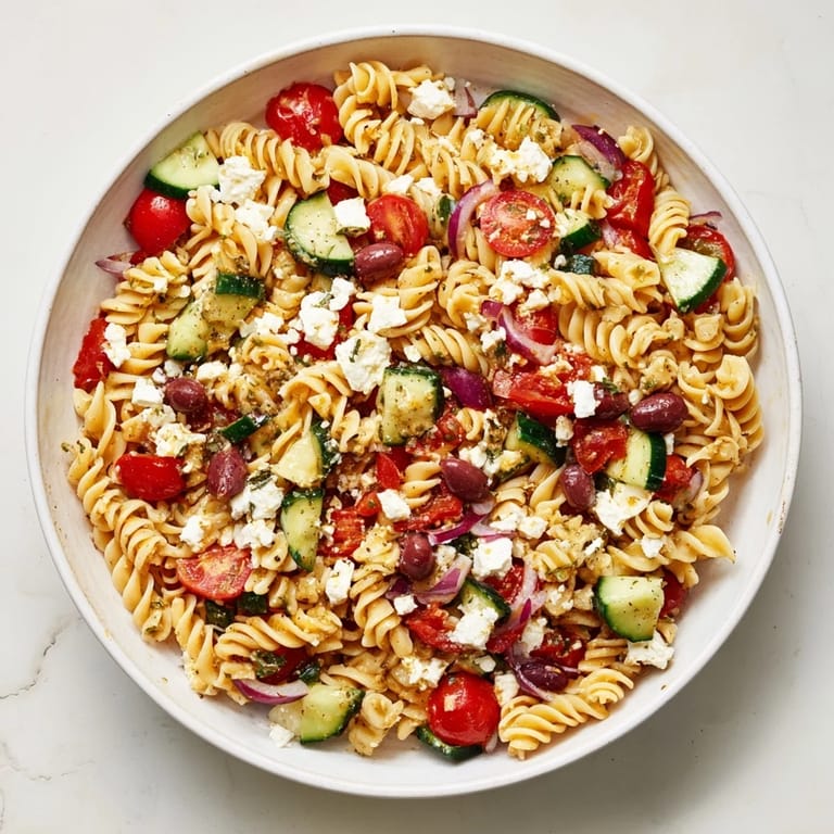 Enjoy a refreshing bowl of chilled Mediterranean Olive Oil and Feta Pasta Salad with flavorful dressing.