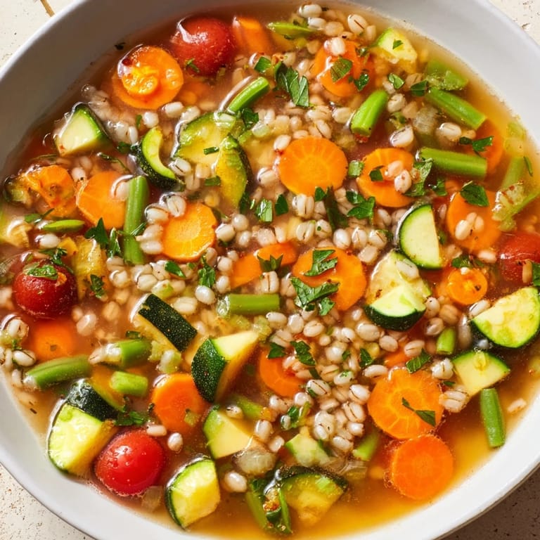 Close-up of a rustic bowl filled with fresh simple homemade grain and vegetable soup, ready to serve and enjoy.