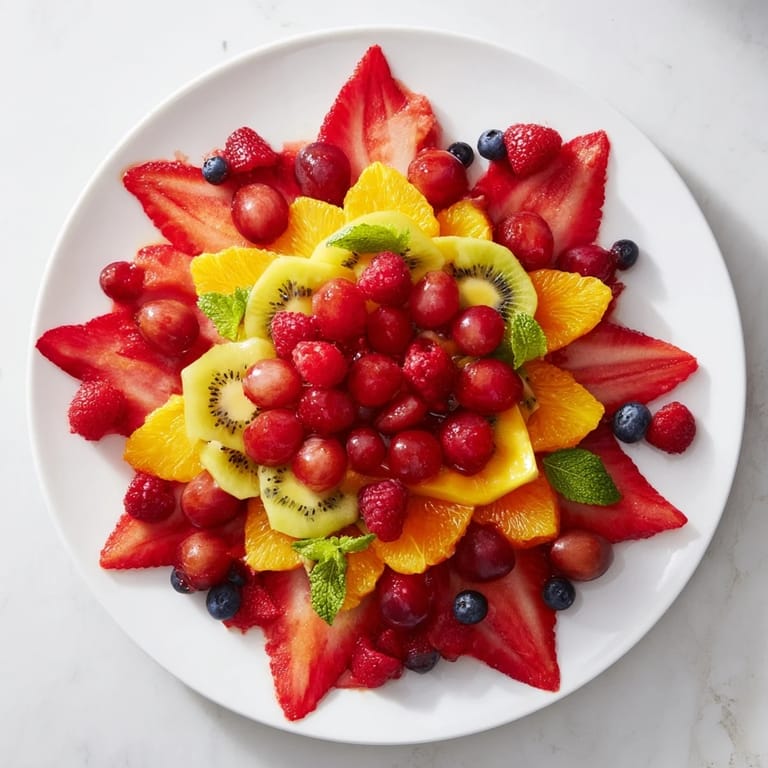 A visually stunning Festive Poinsettia Fruit Bowl with ruby-red strawberries and a sweet honey-lime glaze.