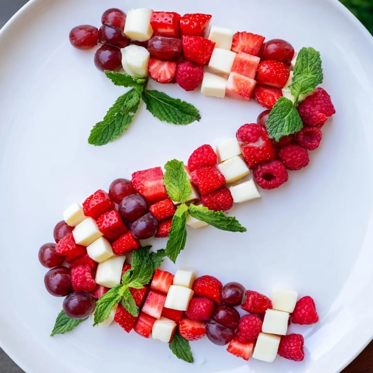 Festive Candy Cane Stripe Fruit and Cheese, a colorful appetizer, showcases sweet fruits and creamy cheeses.