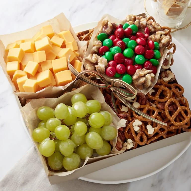 Delicious Stacked Christmas Gift Snack Tower: Cheese cubes, candies, and ribbon create a fun holiday treat.