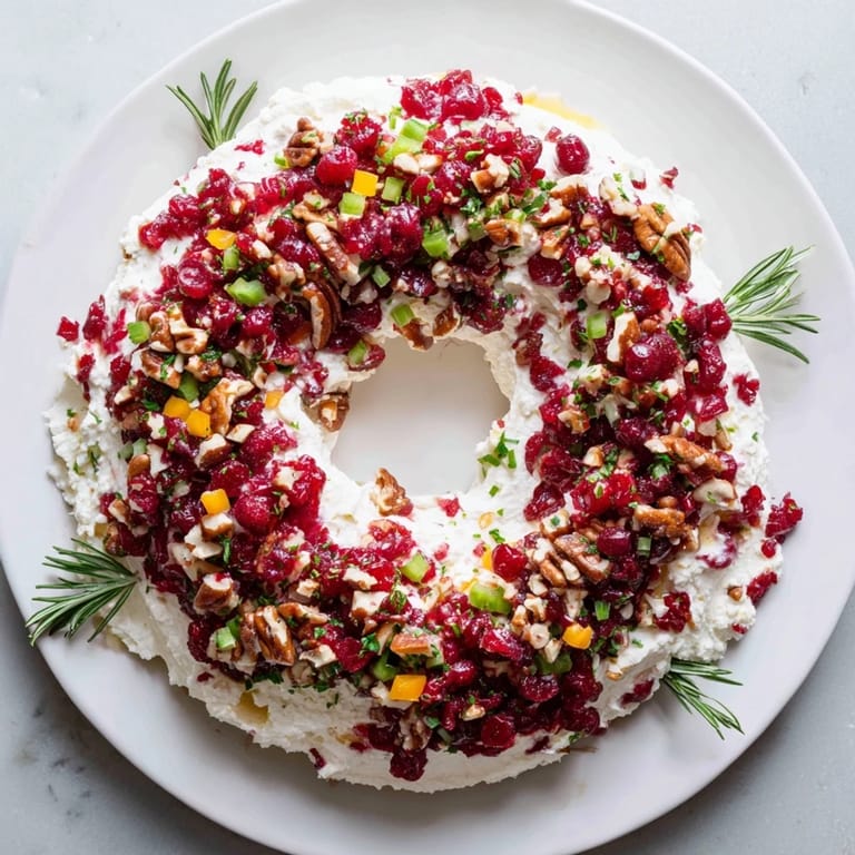 A delightful view of Cranberry Feta Dip Wreath, a creamy party appetizer served with crackers.