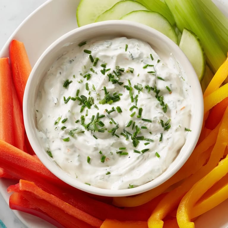 Creamy Kids Dip: Cream Cheese and Ranch Dip, with a side of fresh carrots, celery, and bell peppers.