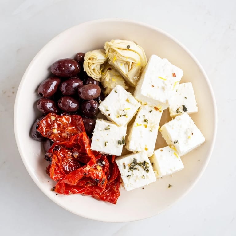 Mediterranean Black Olive and Sun-Dried Tomato Platter, with creamy feta and vibrant roasted peppers, perfect for sharing.