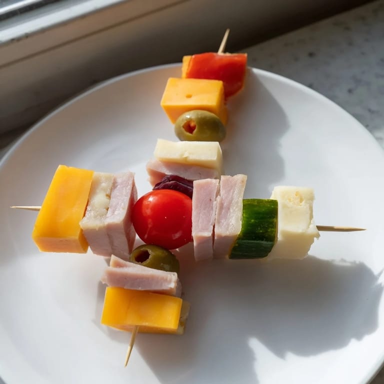 Delicious Savory Skewers offer a perfect balance of savory meats, cheeses, and tangy pickle bites.
