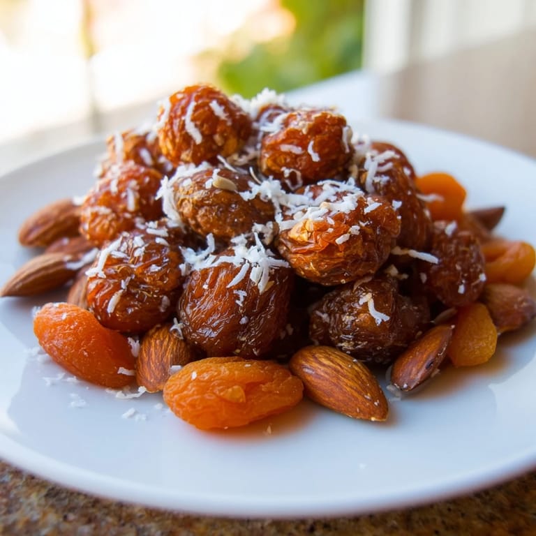 Easily made fruit & nut recipe: a sweet pile of dried apricots and almonds.