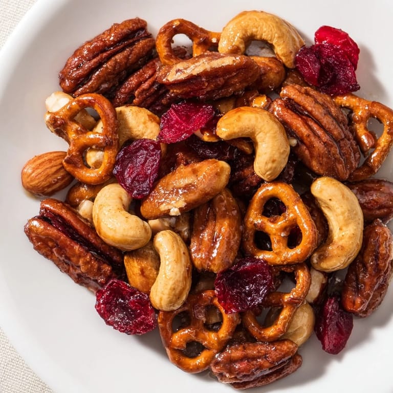 Close-up of a festive Sweet and Salty Holiday Nut Bowl featuring toasted nuts and holiday spices.
