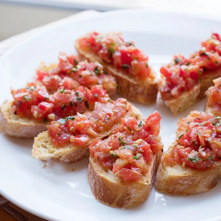 Vibrant red tomatoes and green basil top seasoned Bruschetta Toasts, perfect for sharing at your next gathering.