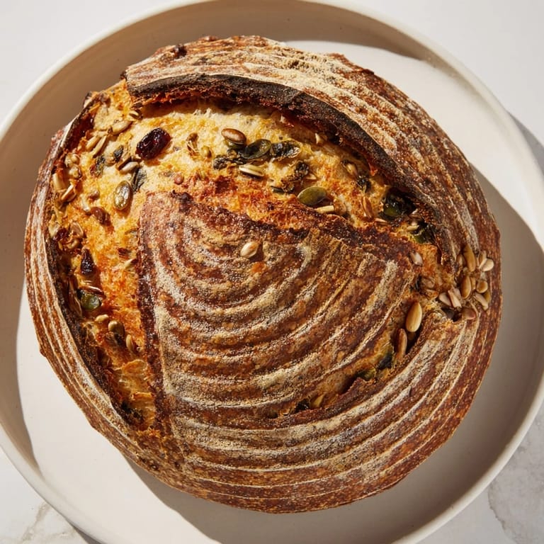 Warm, crusty Fibonacci Spiral Growth Bread showcased, highlighting the unique spiral design and variety of fillings.