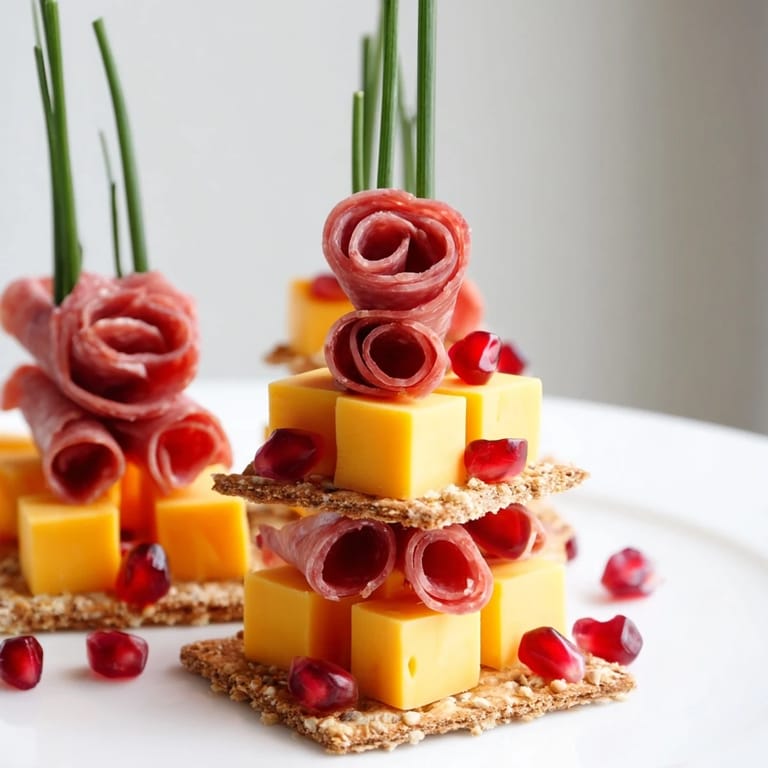 Enjoy this easy-to-assemble Layered Urban Skyline appetizer; crackers, cheese, and meats artfully arranged.
