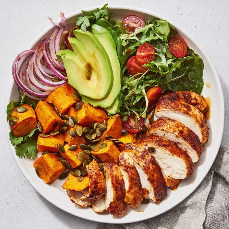 Grilled chicken and roasted sweet potatoes in a delicious Avocado and Sweet Potato Chicken Bowl.
