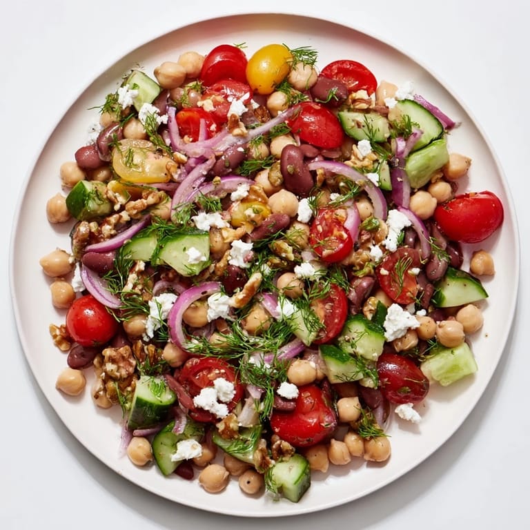 A close-up view of the Dense Bean Salad, featuring colorful veggies and herbed dressing.
