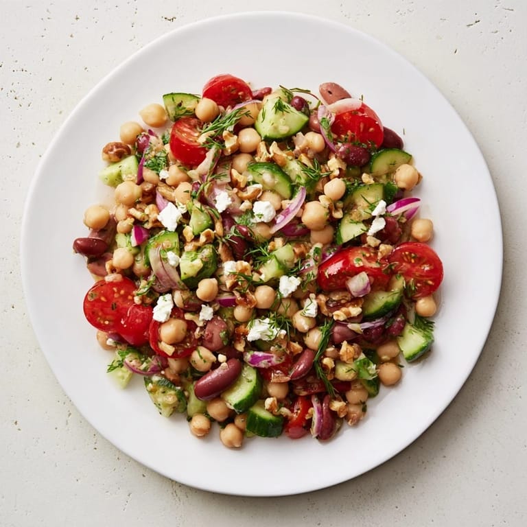 This delicious Dense Bean Salad is piled high, drizzled with a rich tart cherry vinaigrette.