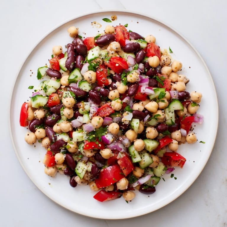 Close-up of a refreshing Dense Bean Salad with Wellness Seeds, offering a satisfying, nutritious bite.