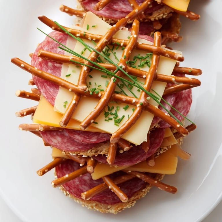 See layers of cheese & meat below the pretzel lattice in this Lattice Window appetizer.