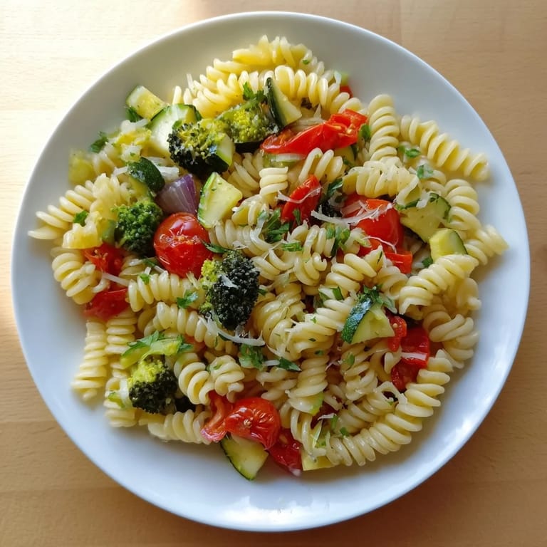 Close-up of a bowl of ditalini, featuring perfectly cooked vegetables and a drizzle of olive oil.