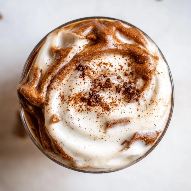 Creamy, sweet brown sugar Dalgona latte, showing a spoon swirling the coffee into the chilled milk, delicious.