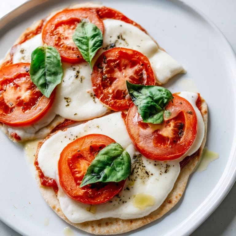 Golden-crusted Quick Margherita Naan Pizza displaying bubbling cheese and inviting Italian flavors.
