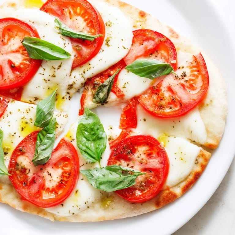 Freshly baked Quick Margherita Naan Pizza: a flatbread delight with a vibrant, colorful topping.