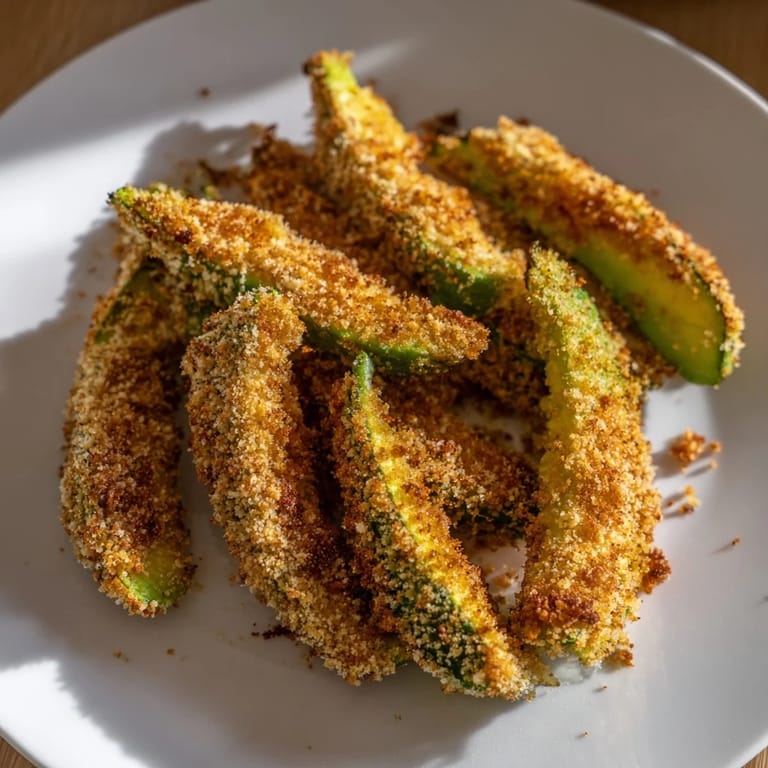 Freshly baked avocado fries, a vibrant golden hue with a breadcrumb crust, ready to serve and enjoy.