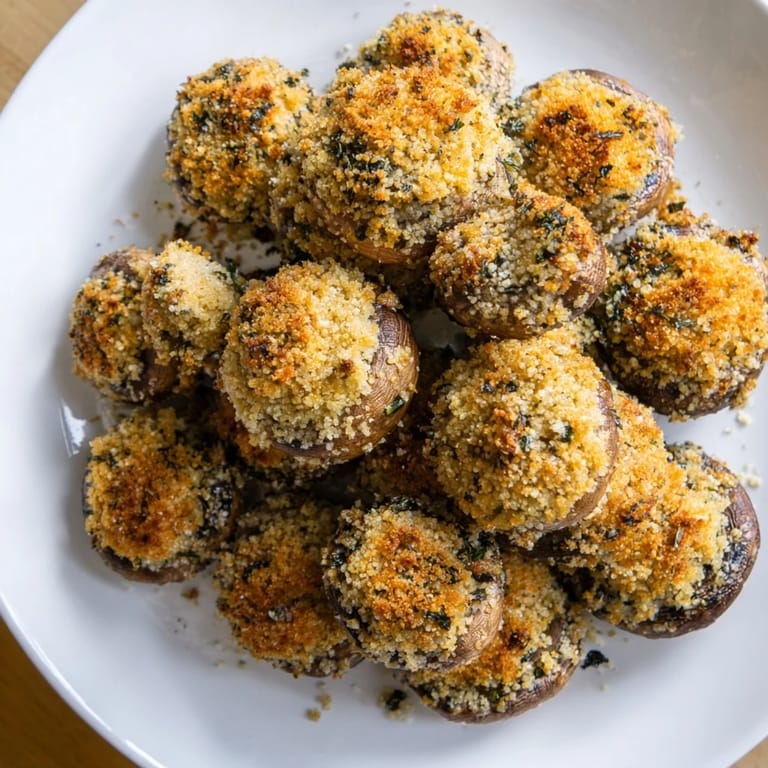 Oven-baked Ranch-Seasoned Crispy Mushrooms: a flavorful and easy recipe, coated in a zesty ranch blend.