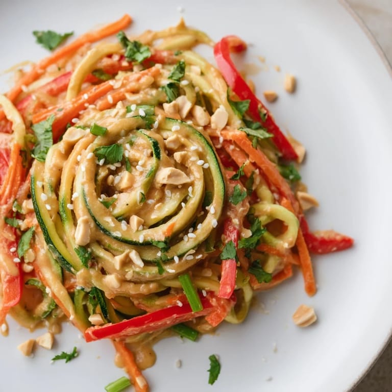 Healthy and colorful Zesty Peanut Zucchini Noodles, garnished with peanuts and fresh cilantro.