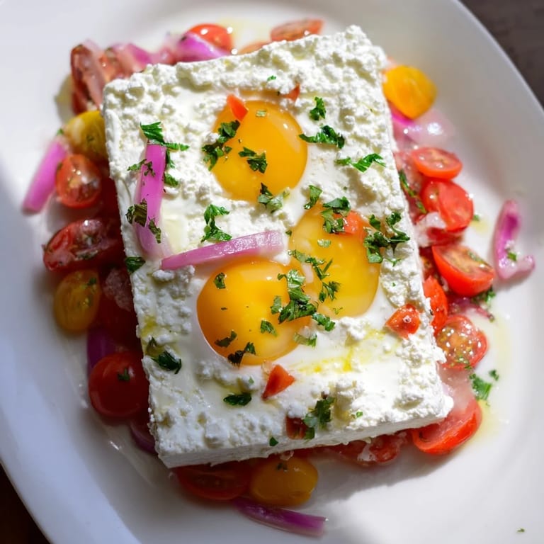 Golden-topped Mediterranean Baked Feta & Eggs: A vibrant dish of tomatoes, feta, and fresh herbs.