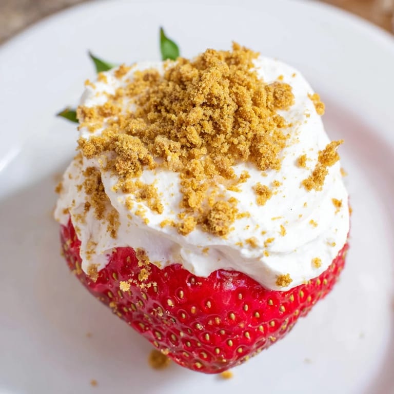 Close-up of creamy cheesecake filling overflowing from fresh, vibrant cheesecake stuffed strawberries, a delicious treat.