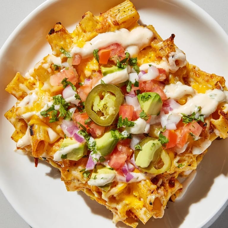 A platter of crispy Pasta Chips Nachos with a colorful array of fresh, vibrant toppings.