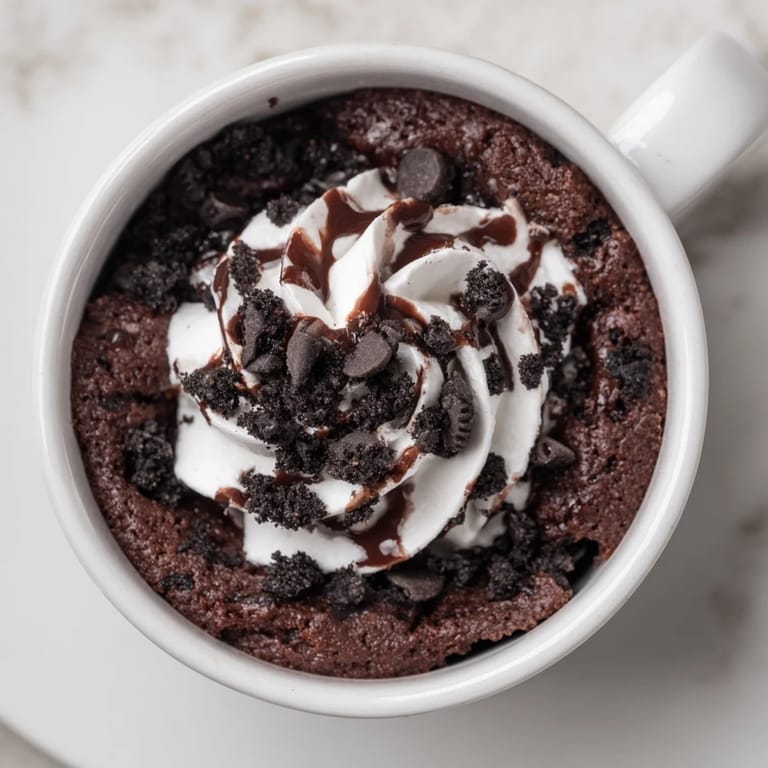 A fluffy, single-serving Oreo Mug Cake is seen with chocolate chips adding gooey texture.