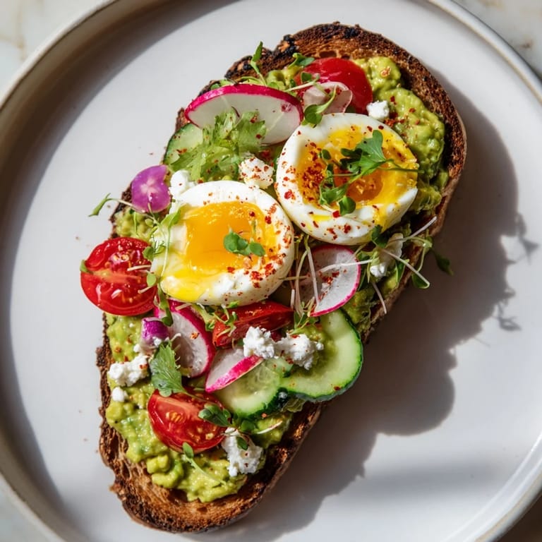Golden sourdough supporting vibrant loaded avocado toast, adorned with crumbled feta and fresh, diced red onion.