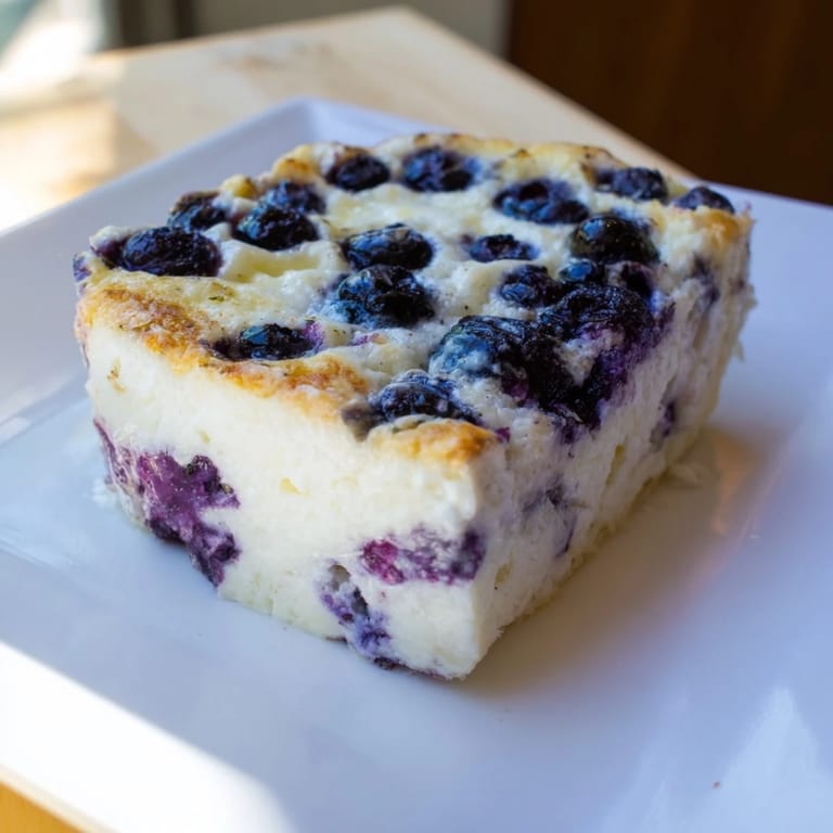 A warm slice of high-protein Blueberry Cottage Cheese Bake, filled with sweet blueberries and creamy cottage cheese.
