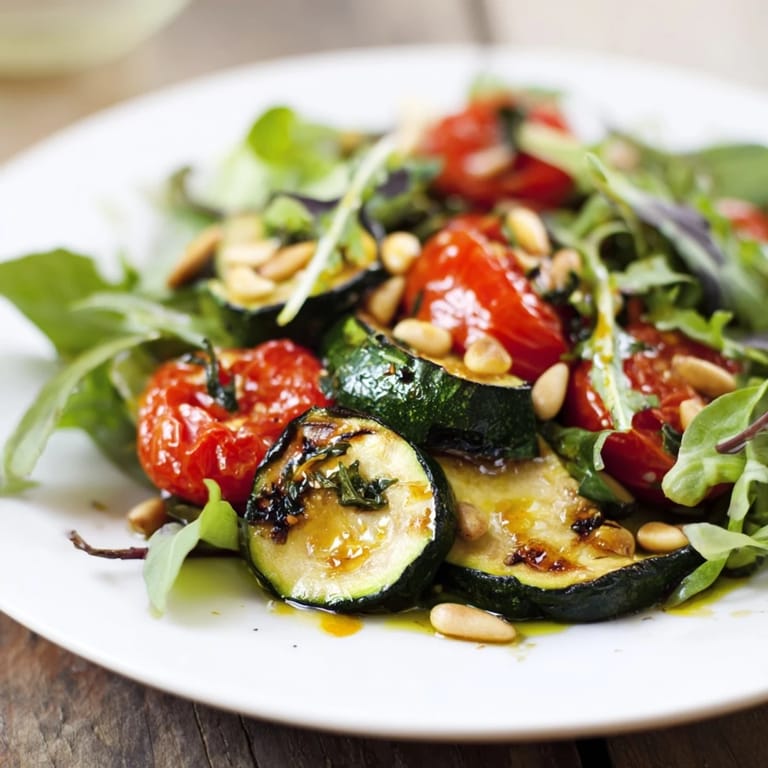 Mediterranean Roasted Vegetable Salad on a bed of greens, full of roasted bell peppers and zucchini.