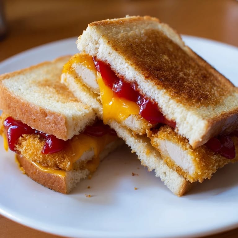 A close-up of a delightful Chicken Nugget Grilled Cheese, showing crispy nuggets and gooey cheese pull.