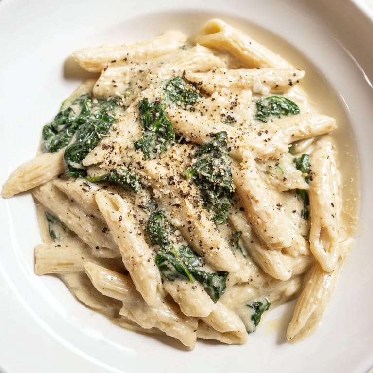 A close-up of finished Creamy Spinach Pasta, showing its rich sauce and Parmesan topping.