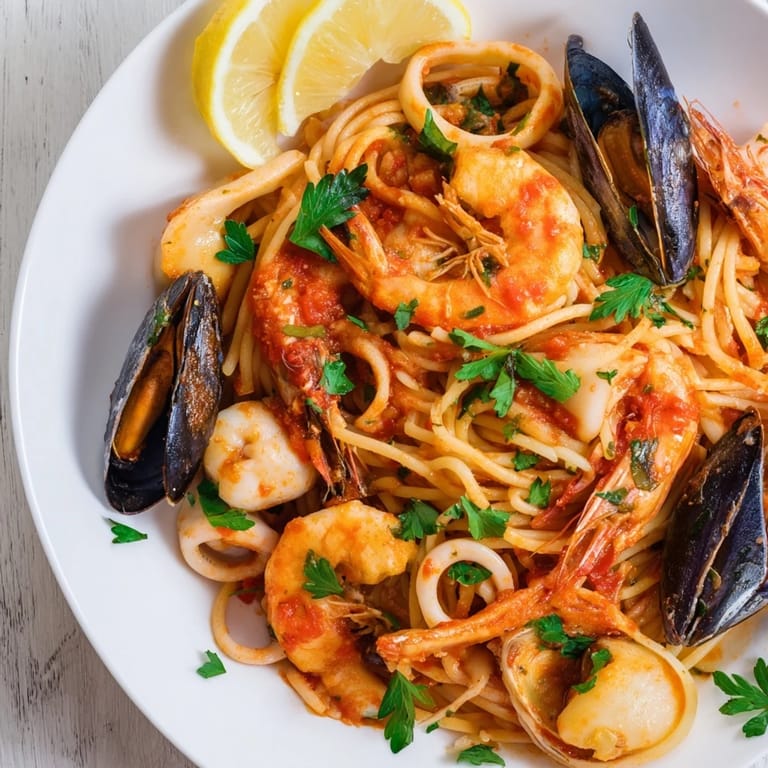 A beautiful bowl of Seafood Marinara Pasta, garnished with fresh parsley and lemon wedges for serving.