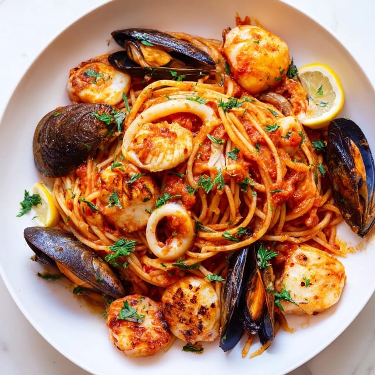 Delicious Seafood Marinara Pasta dish with perfectly cooked pasta and a flavorful seafood medley awaits.