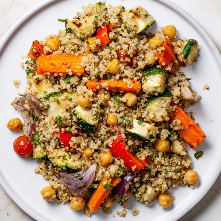 Imagine a hearty Quinoa Power Salad with colorful roasted vegetables and fresh parsley sprinkled on top.