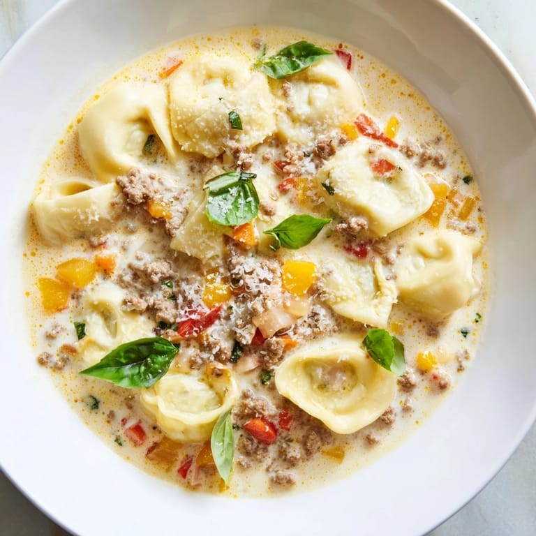 Creamy and aromatic Tortellini Beef Soup with floating pasta and rich tomato broth, enticing aroma.