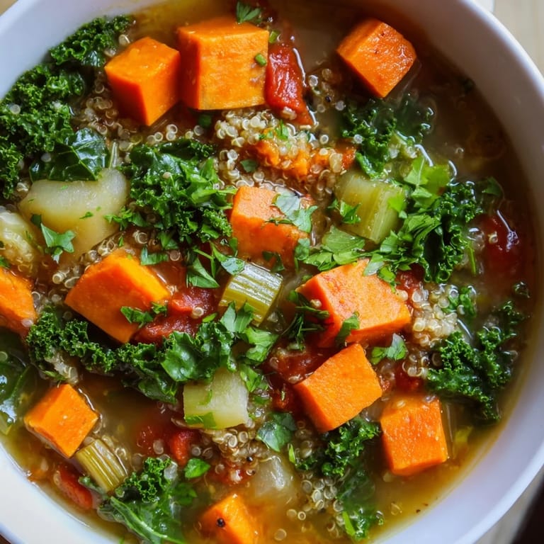 Close-up of the delicious Nourishing Winter Veggie Soup, perfect for a cold winter day's dinner.