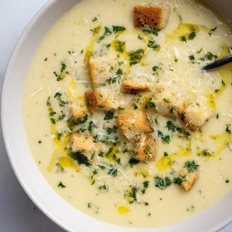 Close-up of golden-brown Creamy Garlic Bread Soup ready to be served and enjoyed.