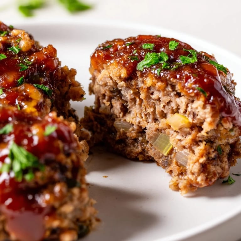 A close-up shot of individual mini meatloaf bites glistening with a sweet maple glaze.
