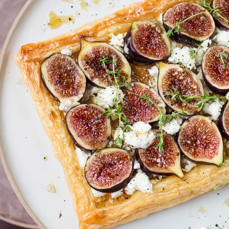 Close-up of baked puff pastry truffle pizza, a visually delicious appetizer with gourmet ingredients.