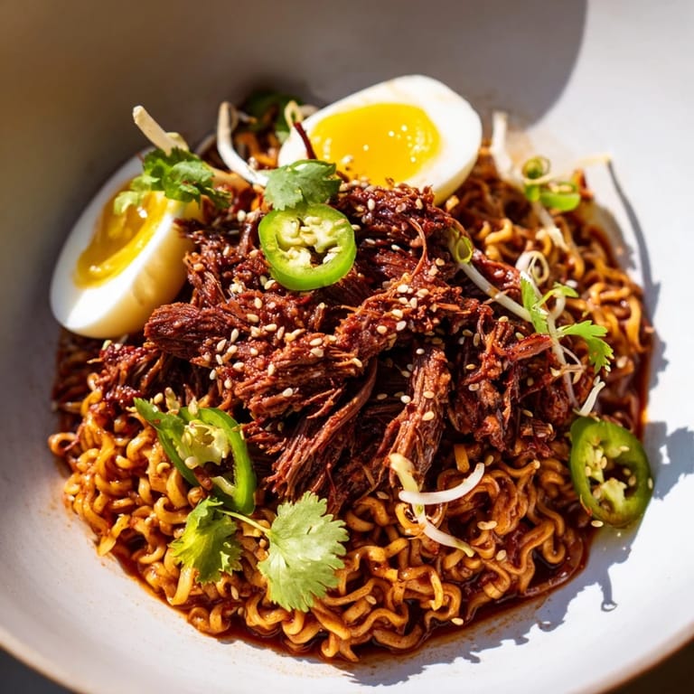 Imagine a steaming bowl of Chaos Cooking Birria Ramen, with layers of savory beef and perfectly cooked noodles.