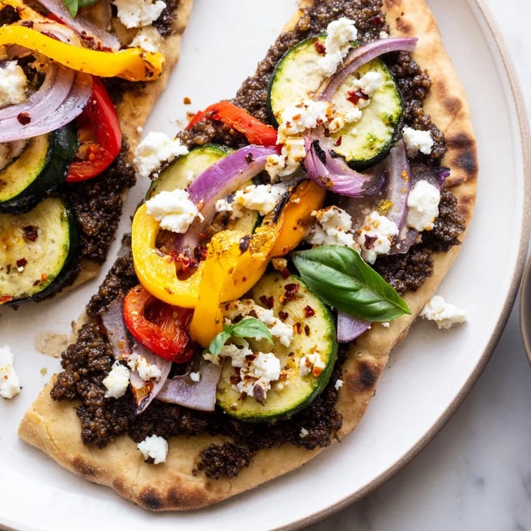 Golden-baked naan pizza, showcasing Mediterranean flair with roasted vegetables and crumbled feta.