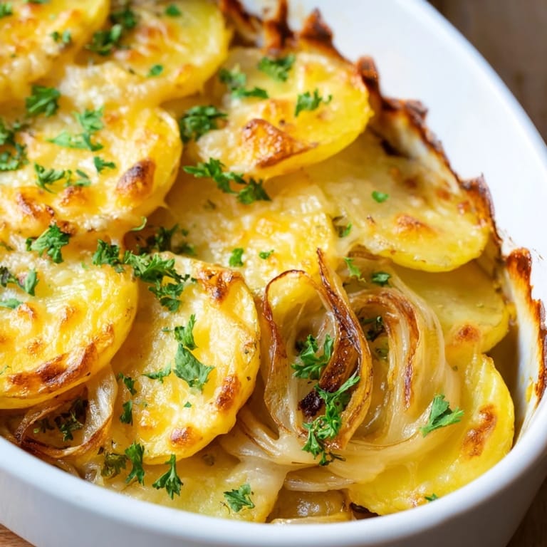 Hearty French Onion Soup Potatoes served warm from the oven, perfect alongside steak or chicken with a fresh parsley garnish.